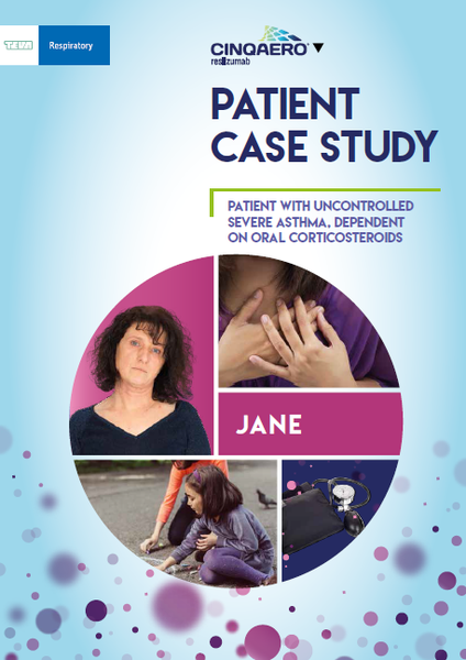 The cover of a patient case study report titled "Patient with uncontrolled severe asthma dependent on oral corticosteroids". The cover has a blue background with white polka dots. On the left side of the cover there is a photo of a woman with shoulder-length dark hair and a serious expression on her face. She is wearing a black top and is looking directly at the camera. On the right side there are three smaller photos. The first photo is of a person with their hands on their face and the second photo is a close-up of their face. The third photo is an image of a young girl sitting on the ground with her head in her hands. The fourth photo is from the bottom right corner and it shows a stethoscope and other medical equipment. The title of the report is written in bold white letters at the top of the page with the subtitle "Cinqaero Respiratory" written in smaller white letters below it.