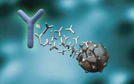 A 3D rendering of a protein molecule with the letter "Y" in the top left corner. The molecule is in the center of the image and is surrounded by a blue background. On the right side there is a small round metallic object with green and red dots on its surface. The object appears to be a cell or a protein and it is flying towards the left side of the molecule. The background is blurred but it seems like the molecule is floating in the air. The molecules are arranged in a way that they are connected to each other creating a network-like structure.