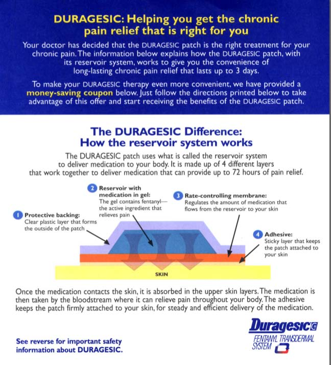A flyer or handout titled "Duragesic: Helping you get the chronic pain relief that is right for you". Below the title there is a description of the patch as well as information about a money-saving coupon. Below the text there is a diagram titled "The Duragesic difference: How the reservoir system works". The Duragesic Fentanyl Transdermal System logo is at the bottom of the page. 