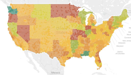This is a color-coded map of the continental United States. Individual states are colored in various shades of red orange green and yellow but the significance of that is not stated. The location of major metropolitan areas (as dots) are also indicated. 