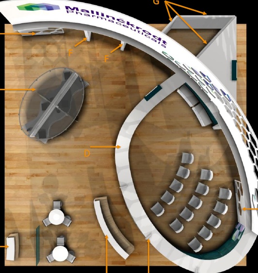 A 3D computer drawing of a vendor exhibition space (presumably) for Mallinckrodt Pharmaceuticals. The bird's-eye view shows a large table (at top left) smaller tables (at bottom left) and a seating area with 15 chairs (at bottom right). The background (that is the floor) is light brown (suggesting wood parquet flooring) with furniture and fixtures in white and gray.
