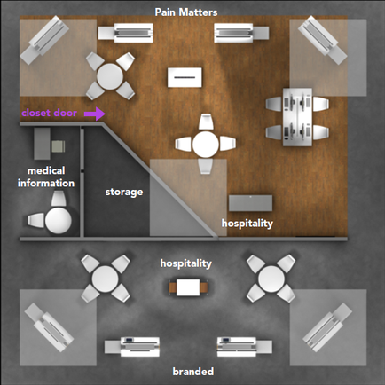 A floor plan of a hospital room. The room is divided into two sections with the left section showing the medical information section and the right section representing the hospitality section. The medical information area is located in the center of the room with a closet door on the left side and a medical storage area on the right side. There are several white tables and chairs arranged around the room. On the tables there are medical equipment such as a stethoscope a thermometer and a blood pressure monitor. There is also a hospital bed on the bottom right corner of the image which is labeled with the words "hospitality" and "branded." This suggests that the room is designed to provide comfort and support for patients with pain.