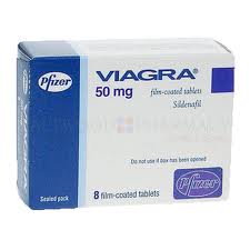 The external packaging for Viagra (50 mg) by Pfizer showing the front of a sealed pack (box) containing 8 film-coated tablets. The box is white with graphic elements in various shades of blue with text in various shades of blue and white. The logo for Pfizer is in the bottom right corner.
