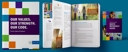 A tri-fold brochure design for a company called "Our values. Our strength. Our code." The brochure is divided into three sections. The left side of the brochure has a purple background with a colorful geometric pattern of squares in different shades of purple orange green and yellow. On the right side there is a photo of a group of people walking in a park with trees and a blue sky in the background. In the center of each section there are two pages of the same brochure. The first page has a title that reads "Our Values. Our Strength. Our Code." Below the title it says "tea's Code of Conduct" in white text. The second page has an image of a person walking on a path with a backpack and a book in their hand. The third page has the title "Quick Reference Guide" in purple text. - The brochures are arranged in a way that they are overlapping each other creating a visually appealing design.
