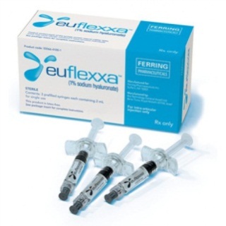 The packaging for Euflexxa (1% sodium hyaluronate) including its box and three prefilled syringes. The box is white and blue with graphic elements in various shades of blue with text in various shades of blue and white. The three syringes are all clear and appear to be made of plastic. They have gray caps with a black central portion and include writing in black.