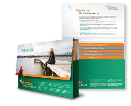 A brochure or flyer design for a patient kit. The brochure is divided into two sections. The left side of the brochure has a green and orange color scheme with the word "mentor" written in bold white letters at the top. Below that there is an image of a woman sitting on a wooden pier overlooking a lake with mountains in the background. The woman is wearing a black jacket and jeans and appears to be looking out towards the horizon. The right side of both sections has a white background with orange and green text. The text on the left side reads "Here for you" and "The mentor Patient Kit". Below the text there are three sections with information about the patient kit including the patient's name contact information and a brief description of the kit. There is also a red arrow pointing to the right indicating that the kit is available for purchase.