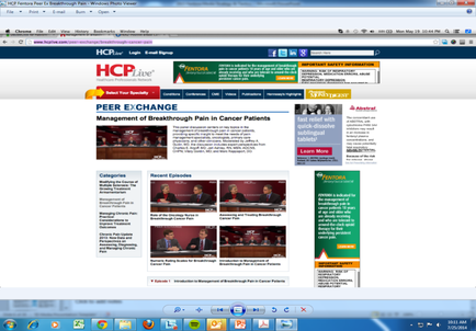 A screenshot of the homepage of the HCP Live website. The page is titled "Peer Exchange: Management of Breakthrough Pain in Cancer Patients". The page has a white background with a blue header and footer. At the top of the page there is a search bar and a menu bar with various options such as File Edit View Tools and Help. Below the search bar there are several tabs for different sections of the website including "Categories" "Recent Episodes" and "About Us". The main content of the webpage is divided into three sections. The first section has a photo of a group of people sitting at a table with a banner above them that reads "Peers Exchange". The second section has an image of a man in a suit and tie and the third section has images of people in suits and ties. The fourth section has text that explains the website's features and benefits. At the bottom of the image there appears to be a toolbar with various buttons and menus.