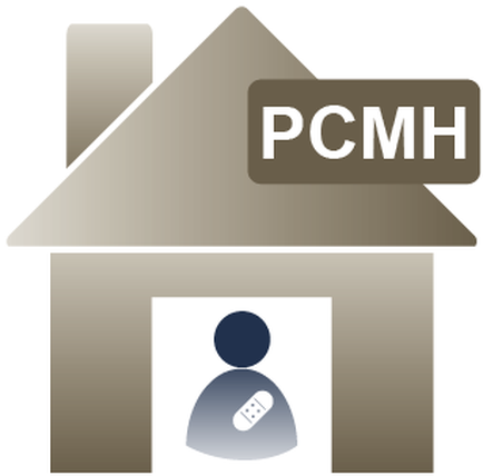 A graphic design of a house with the word "PCMH" written on the top right corner. The house is made up of a triangular shape with a sloping roof and a chimney on the left side. The background is a light beige color. In the center of the house there is a white square with a blue circle in the middle representing a person's profile picture. The person is holding a remote control in their hand. The overall design is simple and minimalist.