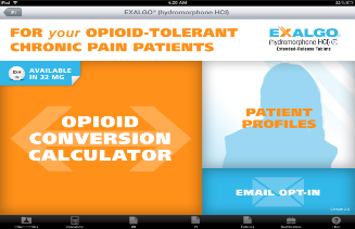 A screenshot of a website for Exalgo. The banner at the top of the page reads: "For your opioid-tolerant chronic pain patients" followed by the Exalgo logo. The main part of the page shows what are presumably links to an opioid conversion calculator patient profiles and email opt-in. At the bottom of the page there is a navigation menu. The site also advertises that Exalgo is available in 32 mg.