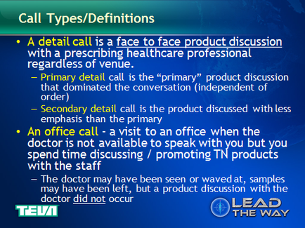 A slide from a presentation about call types and definitions. It has a blue background with white text. The title of the slide is "Call Types/Definitions" and it explains that a detail call is a face to face product discussion with a prescribing healthcare professional regardless of venue. The slide also mentions that the primary call is the "primary" product discussion that dominated the conversation (independent of order) and that secondary call calls the product discussed with less emphasis than the primary. It also mentions an office call - a visit to an office when the doctor is not available to speak with you but you spend time discussing / promoting TN products with the staff. At the bottom right corner there is a logo for tea and the text "Lead the Way".