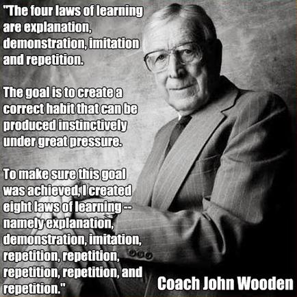 A black and white portrait of Coach John Wooden an American author and motivational speaker. He is shown in a suit and tie with a serious expression on his face. On the right side of the image there is a quote from John Wooden that reads "The four laws of learning are explanation demonstration imitation and repetition." The quote is written in white text on a black background.