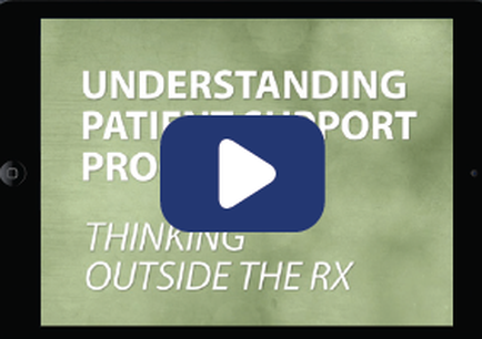 A screenshot of a video titled "Understanding Patient Support Pro". The background is a light green color and the title is written in white text. Below the title there is a blue play button icon. The play button is in the center of the image and is slightly tilted to the right. The text below the play button reads "Thinking Outside the Rx".