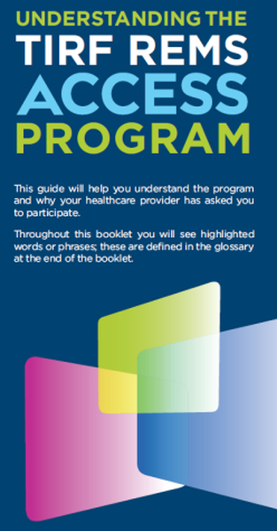 A cover page of a book titled "Understanding the tire REMS Access Program". The background of the page is blue with white text. The title of the book is written in large bold font at the top. Below the title there is a subtitle that reads "This guide will help you understand the program and why your healthcare provider has asked you to participate. Throughout this booklet you will see highlighted words or phrases these are defined in the glossary at the end of the booklet." The cover page also has a colorful illustration of three overlapping rectangles in pink yellow and green. The rectangles are arranged in a diagonal line with the pink rectangle on the left the yellow rectangle in the middle and the green rectangle on top. The illustration is set against a white background.