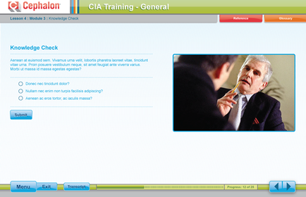 A screenshot of the Cia Training - General page of a website. The page is titled "Knowledge Check" and has a blue header with the website's logo at the top. Below the header there is a section titled "Lesson 4: Module 3: Knowledge Check". On the left side of the page there are two buttons - "Submit" and "Menu". The "Exit" button is highlighted indicating that the user can click on it to proceed to the next step in the lesson. In the center of the image there appears to be a photo of two men engaged in a conversation. The man on the left is wearing a suit and tie and is holding a pen in his hand while the man in the middle is looking at the other man with a serious expression on his face. The background is a light blue color.