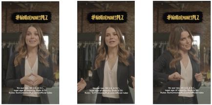 A collage of three identical photos of a young woman in a clothing store. The photos are arranged in a triangular formation with the first photo on the left and the second photo in the middle. The woman is wearing a black blazer and a white blouse and she is standing in front of a rack of clothes. She is smiling and looking directly at the camera. The background is blurred but it appears to be a store with a brick wall and a window. The text on the image reads "#NoHormonesPlz" in bold black letters.