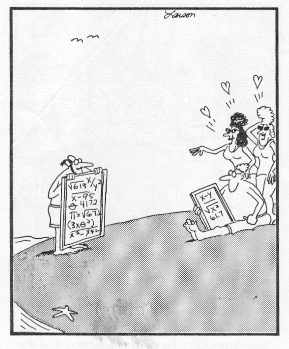 A black and white cartoon illustration of a group of people on a beach. There are three people in the image two of whom are standing and one is sitting on the sand. The person standing is holding a large whiteboard with numbers and equations written on it. The other two people are standing behind the whiteboard one of them is pointing to something on the board. There is a starfish on the ground next to the board and a few birds flying in the background. The overall mood of the image is playful and humorous.