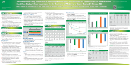 A page from a research paper titled "Addressing Involuntary Movements in arrive Dyslexia (TD) - A Randomized Double-Blind Placed-Controlled Fixed-Dose Study of Deutscherzene for the Treatment of Moderate to Severe arrives (TD). The page is divided into three sections. The first section on the left side of the page has a title that reads "Background" and a brief description of the study. Below the title there is a table with three columns - Objective Methods Results and Conclusion. The table has three rows and three columns. The first row has a bar graph the second row has two bars and the third row has three bars. The fourth row has four bars each with a different color - orange blue and green. The bars are arranged in a horizontal line with the highest bar at the top and the lowest at the bottom. The data is presented in a clear and concise manner making it easy to read and understand.