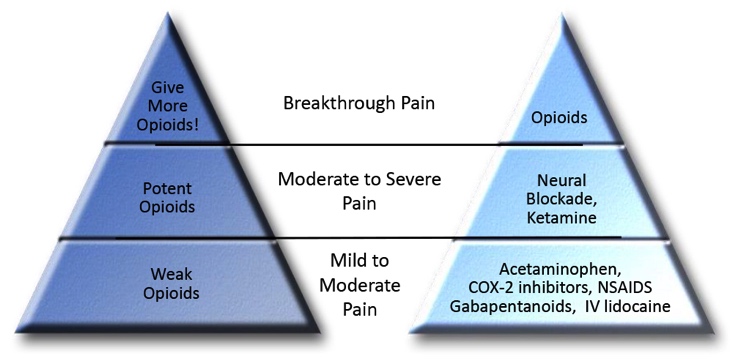 Two pyramid-shaped diagrams. Each pyramid is broken into three sections and labeled based on severity of pain. The bottom tier is labeled mild to moderate pain the center tier is moderate to severe pain and the top tier is breakthrough pain. <br /><br />For the pyramid on the left the bottom tier represents weak opioids the center tier is potent opioids and the top tier is "Give More Opioids!" For the pyramid on the right the bottom tier represents  "Acetaminophen COX-2 inhibitors NSAIDS Gabapentinoids IV lidocaine" the center tier is "Neural Blockade Ketamine" and the top tier is opioids. 
