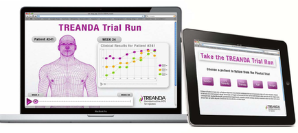 Two electronic devices - a laptop and a tablet - displaying a website called "tread Trial Run". The website has a white background with a purple header and footer. On the left side of the laptop there is an image of a human body with a line graph on the screen. The line graph shows the clinical results of a patient's trial run with the title "Week 24" at the top. On the right side there are two tabs - one for the website and the other for the tablet. The website is titled "Take the tread TRIAL RUN" and has a purple banner at the bottom with the text "Choose a patient to follow from the Patient Trial". There are also several buttons below the banner that can be used to navigate through the website.