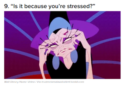 A cartoon illustration of a woman with a sad expression on her face. She is wearing a black dress and a blue hat with a pointed brim. Her eyes are closed and her head is tilted back as if she is deep in thought. The background is purple with blue lines radiating outwards. Above the woman's head there is a text that reads "9. Is it because you're stressed?"