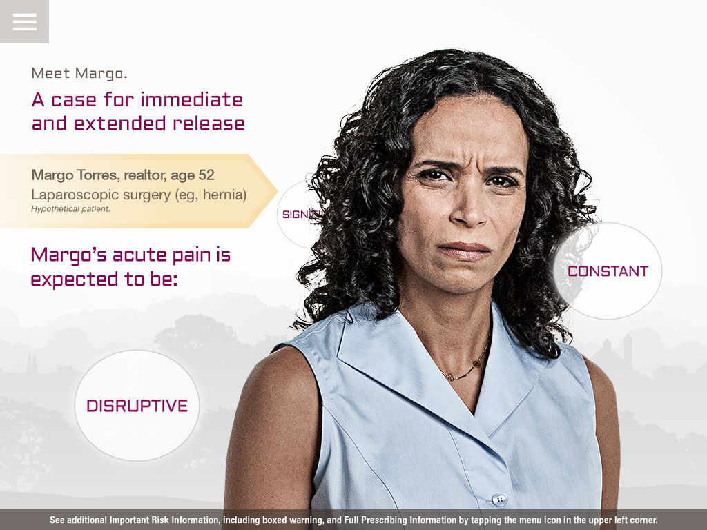 A screenshot of a web based advertisement for an unidentified acute pain drug with the tagline "Meet Margo. A case for immediate and extended release". It discusses a hypothetical patient profile for Margo Torres realtor age 52 following laparoscopic surgery. It includes a photograph of "Margo" a woman with long dark curly hair wearing a light blue sleeveless shirt. The background is white and gray with graphic elements in gray and orange with text in gray purple and white.
