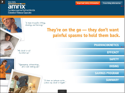 A screenshot of the homepage of a website called Amrix. The website has a blue and orange color scheme with a white background. On the left side of the page there is a photo of a man sleeping on a bed with his head resting on a pillow and a woman standing next to him. The text on the page reads "They're on the go - they don't want painful spasms to hold them back." On the right side there are three bullet points that explain the benefits of the website. The first bullet point reads "Pharmacokinetics: Efficiency Safety Dosing Savings Program Summary." The second bullet point says "I have an intense back pain where my back is tight." The third bullet point states that the website offers a savings program and a summary of the benefits. At the top right corner of the image the Amrix logo and the words "Important Safety Information" are prominently displayed.