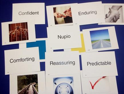 A collection of nine white cards with black text and images on them. The cards are arranged in a grid-like pattern on a blue background. Each card has a different word written on it including "Confident" "Enduring" "Nupio" "Comforting" "Reassuring" and "Predictable". The first card on the top left has a black and white photograph of a group of people walking on a bridge. The second card has an image of a person's hand holding a pair of scissors. The third card has two images of a road with a blue sky in the background. The fourth card has three images of two hands holding each other. The fifth card has four images of the same person. The sixth card has five images of different types of photographs. The seventh card has six images of trees and a bridge the eighth card has seven images of mountains and the ninth card has eight images of roads. Overall the image appears to be a visual representation of the concept of confidence nupio and predicting.