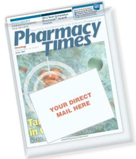 The cover of a magazine titled "Pharmacy Times". The cover is white with blue and green text. The title of the magazine is written in large bold letters at the top of the cover. Below the title there is an image of a globe with a magnifying glass hovering over it. The globe is surrounded by a blue and white gradient background. On the bottom right corner there are two small white cards with red text that read "Your direct mail here". The magazines appear to be new and unused.