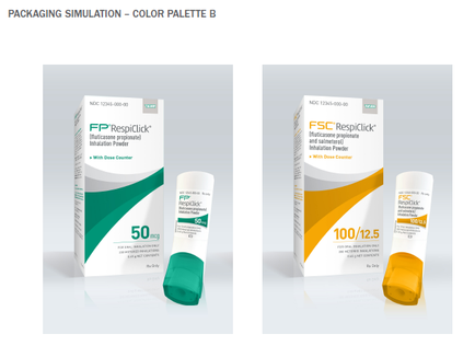 Two packaging models of a product called "FP RespiClick" and "Color Palette B". The packaging model on the left is a white box with a green and white design and it has the brand name "FP" written in bold letters at the top. The box also has the product name "RespiClick" written on it in smaller letters. On the right side of the image there is a small white tube with a yellow cap. The tube is labeled "50mg" and has a label that reads "100/12.5". The label also mentions that the product is made with natural ingredients and is suitable for use in a variety of applications. The packaging model is a color palette B which is a combination of white green and orange colors. It has a sleek and modern design with a clean and minimalist look.