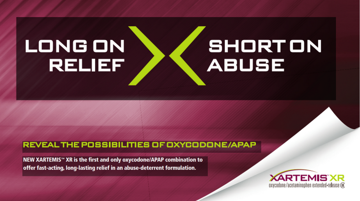 A banner or advertisement for XARTEMIS XR. The main text on the page reads "Long on Relief" and "Short on Abuse". The background of the banner is a gradient of pink and purple with the text "Reveal the possibilities of Oxycodone/APAP" in white and green. The text is in a bold sans-serif font and is centered on the banner. Below the text there is a smaller text that reads "New Xartemis XR is the first and only oxycodone/APAP combination to offer fast-acting long-lasting relief in an abuse-deterrent formulation." The logo of the company is also visible in the bottom right corner.