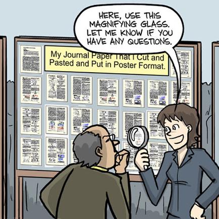 A cartoon illustration of a man and a woman standing in front of a bulletin board. The man is holding a magnifying glass and appears to be examining a newspaper article. The woman is standing next to him looking at the newspaper with a smile on her face. Above them there is a speech bubble that reads "Here use this magnifying glasses. Let me know if you have any questions. My journal paper that I cut and pasted and put in poster format."