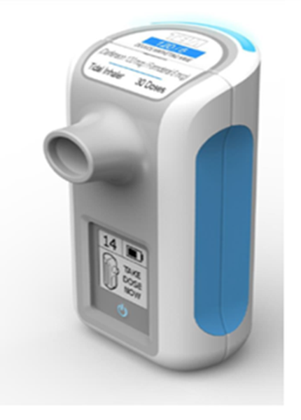 A white and blue electronic device with a digital display. The device has a cylindrical shape with a handle on the top for easy carrying. The body of the device is made of plastic and has a blue panel on the right side. On the left side there is a small screen with the number 14 and a power button. Above the screen there are several buttons for controlling the device's settings. There is also a label on the device that reads "Thermometer" and "Temperature". The device appears to be a thermometer which is used to measure the temperature of a person's body.