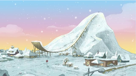 A digital illustration of a snowy landscape with a large mountain in the background. The mountain is covered in a thick layer of snow and has a curved roof. The sky is a pale pink color with small white stars scattered across it. In the foreground there are several small houses with thatched roofs and chimneys all covered in snow. A wooden bridge can be seen in the distance. The overall mood of the image is peaceful and serene.