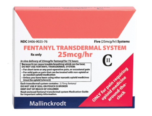 A photograph of a box of Fentanyl Transdermal System 25 mcg/hr. The box is rectangular in shape and has a red and white color scheme. The front of the box has the brand name "Mallinckrodt" written in bold letters. Below that there are a number of warnings about using the product.<br /><br />The box also mentions that the product is only for pain requiring opioid medication around the clock.