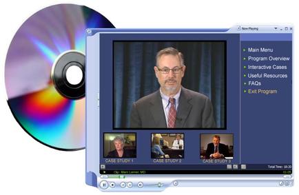 A DVD player with a CD on the left side. The DVD player has a blue screen with a picture of a man in a suit and tie on it. On the right side of the screen there is a menu bar with options such as "Main Menu" "Program Overview" "Interactive Cases" "Useful Resources" "fans" "Exit Program" and "Case Study 1". Below the menu bar there are three images of three people one of whom appears to be a man and the other two of whom are a woman. The background of the DVD player is white.