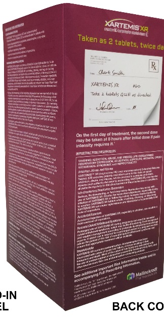 Of a maroon-colored box with a label reading "XARTEMIS XR Taken as 2 tablets twice daily". The label also has a note that reads "On the first day of treatment the second dose may be taken at 6 hours after initial dose if pain intensity requires it". There is an illustration of an example prescription for XARTEMIS XR for a patient named Clark Smith. Much of the box is taken up with important safety information. The Mallinckrodt logo is also visible.
