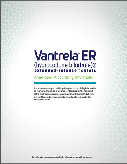 A cover page of a document titled "cantrell ER (hydrocodone bitartrate) extended-release tablets". The background of the page is a light green color with a hexagonal pattern. The title of the document is written in black text in the center of the image. Below the title there is a subtitle that reads "Annotated Prescribing Information". The subtitle also mentions that the document contains information about the product such as its purpose dosage and instructions on how to use it. The document is for internal training purposes only.