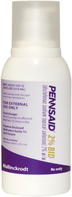 A bottle of Pennsaid 2% BID (diclofenac sodium topical solution) 2% w/w by Mallinckrodt. The bottle has a pump at the top covered by a top all in white. The label is also white with graphic elements in purple and text in purple gold and white. 