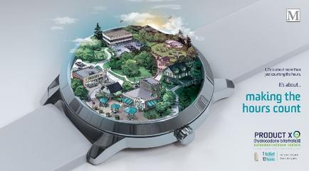 An advertisement for a product called "Product X". The background of the image is a circular design with a white background. In the center there is an aerial view of a small town or village with a variety of buildings trees and greenery. The town is surrounded by a blue sky with white clouds. The buildings are of different sizes and shapes with some having a modern design and others having a more traditional look. There are also several roads and pathways winding through the town. The overall color scheme of the design is green blue and white. The text on the image reads "Making the hours count" in bold black font.