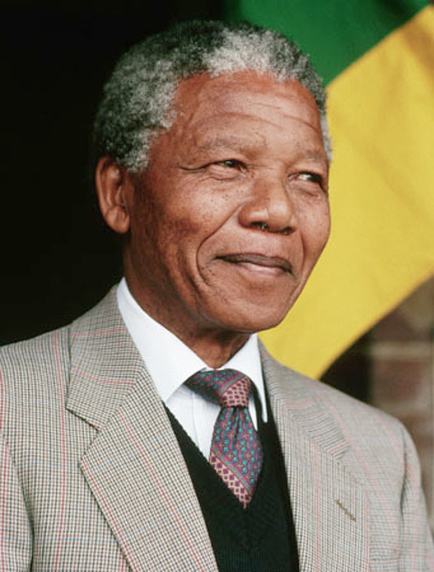 A portrait of Nelson Mandela the former president of South Africa. He is shown in a close-up shot looking directly at the camera with a slight smile on his face. He has short gray hair and is wearing a suit with a red and white checkered pattern. The background is blurred but it appears to be a brick wall with the South African flag visible behind him.