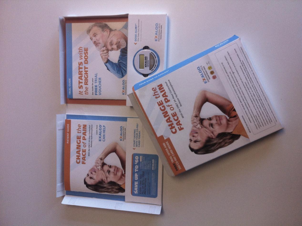 Three sets of printed promotional materials for Exalgo : a Patient Guide (on the bottom left) a Trial Guide (on the top left) and Your Guide to Exalgo (on the right). The Patient Guide and Your Guide both include the tagline "Change the face of pain" and the Trial Guide includes the tagline "It starts with the right dose". All include coupons variously described as a co-pay card a free trial voucher a free trial offer etc. All include images of middle-aged people touching their face removing a pained visage to reveal a smiling visage. The Trial Guide also includes an Exalgo branded Dose-Alert device a "one dose daily reminder" (that is a digital timer with an alarm).  