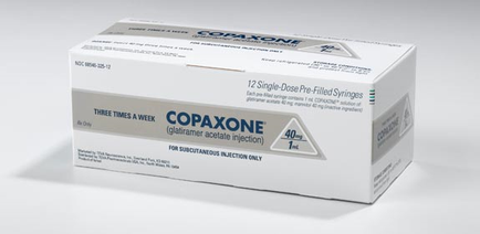Of a white box with the brand name "Copaxone" written in bold black letters on the top left corner. The box is rectangular in shape and has a label on the front that reads "12 Single-Dose Pre-Filled Syringes" in smaller black letters. Below the label there is a description of the product which states that it is for subcutaneous injection only. The label also mentions that the product is "three times a week" and that it contains 40 syringes. The background of the box is plain white.