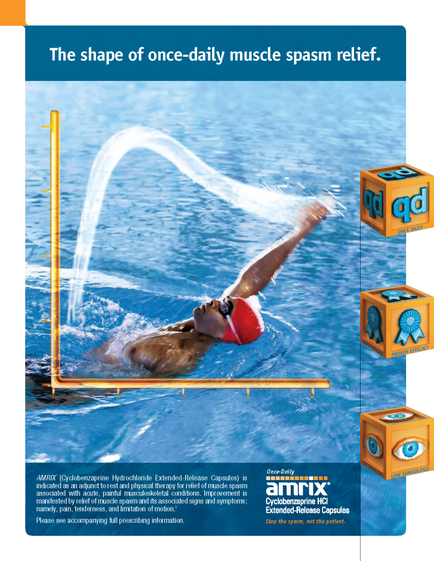 A man swimming in a pool with his arms stretched out to the side. He is wearing a red swimming cap and goggles. The water is splashing around him as he swims. On the right side of the image there are three orange boxes with the logo of Amrix and the text "The shape of once-daily muscle spasm relief." The background is white.