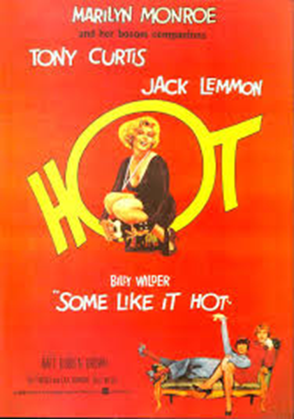 A movie poster for the film "Some Like It Hot" starring Marilyn Monroe and Tony Curtis. The poster has a red background with the title of the film in large yellow letters at the top. Below the title there is an illustration of Marilyn Monroe sitting on a chair with her legs crossed and a big smile on her face. She is wearing a black dress with a white collar and a red bow in her hair. On the right side of the poster there are two other characters Jack Lemon and Baby Wilder who are also sitting on the chair. The text on the poster reads "Marilyn Monroe and her Boston companions" and "Tony Curtis" in smaller yellow letters. At the bottom of the image the movie title and the tailing "Some like it hot" are written in white letters.