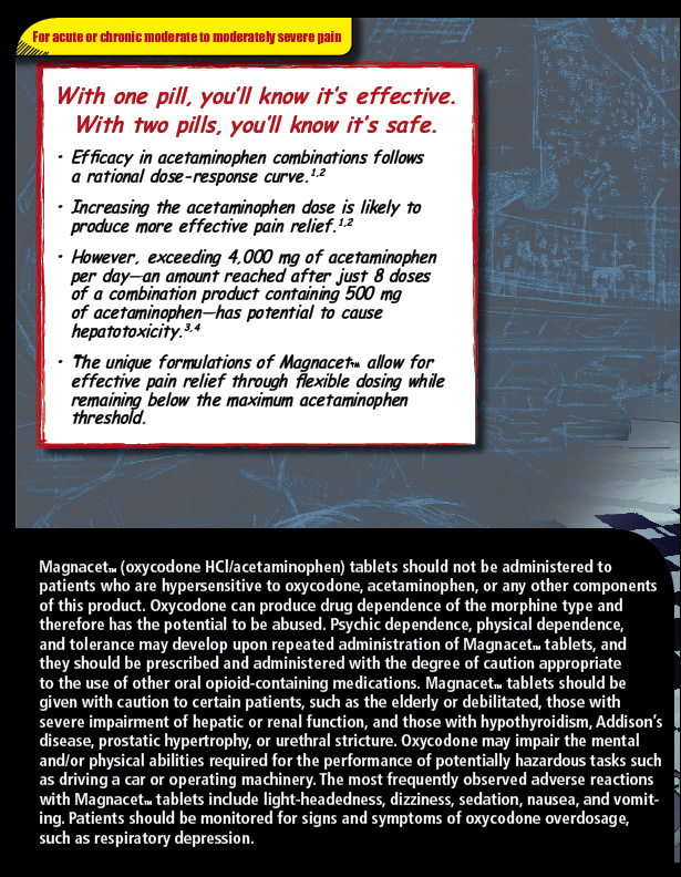 An incomplete advertisement for Magnacet (oxycodone HCl/acetaminophen) tablets with an auto racing theme and the tagline "With one pill you'll know it's effective. With two pills you'll know it's safe". It lists product benefits at the top in the form of a bullet point list and has a boxed warning at the bottom. The background is grey white and black with graphic elements in yellow and light blue with text in black white and red.