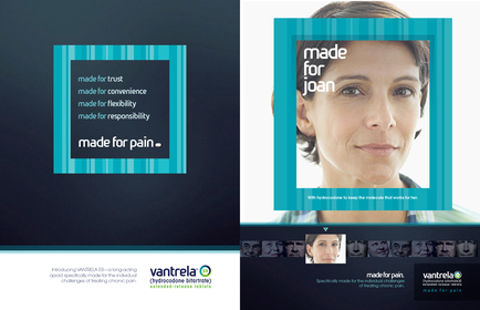 A brochure or flyer for a company called cantrell. The background of the brochure is black with a blue and white striped pattern. On the left side of the image there is a text that reads "made for trust made for convenience made for flexibility made for responsibility made for pain." Below the text there are two smaller text boxes with the company's logo and contact information. The first box on the right side has a photo of a woman's face. The woman has short dark hair and is looking directly at the camera with a serious expression. She is wearing a white shirt and has a slight smile on her lips. The text boxes are arranged in a grid-like pattern. The overall design is modern and minimalist.