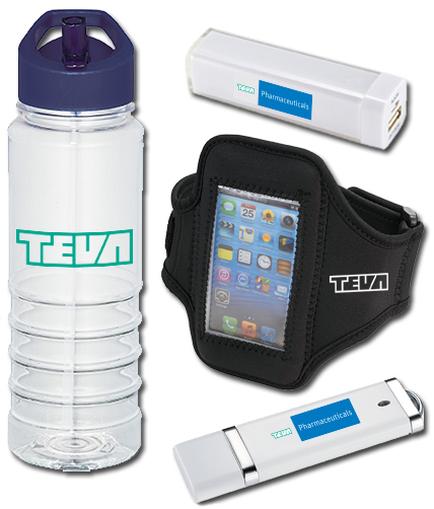 A set of items from the brand tea. On the left side of the image there is a clear water bottle with a blue lid and a green logo on the side. Next to the bottle there are two white USB flash drives - one with a white body and the other with a black body. The flash drives have the brand name "tea" written on them in blue letters. On the right side of this image next to the flash drives is a black armband with a smartphone attached to it. The phone appears to be an iPhone with the screen displaying various app icons. The background is white.