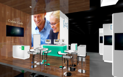 A modern exhibition stand design for a caber came. The stand has a wooden floor and white walls with a large banner that reads "caber came" in bold letters. On the left side of the stand there is a large screen displaying an image of a man and a woman smiling and looking at each other. In front of the screen there are several white tables and chairs arranged in a semi-circle with a green countertype in the center. The tables are equipped with computer monitors and keyboards and there are also several white cabinets on the right side. The overall design is sleek and contemporary with clean lines and minimalist elements.