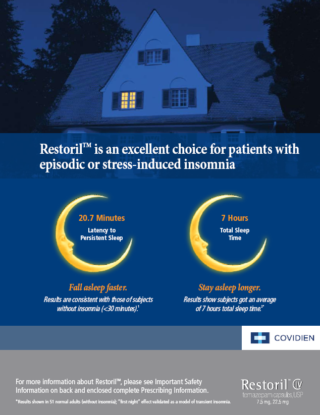 An advertisement for Restoril with the tagline "Restoril is an excellent choice for patients with episodic or stress-induced insomnia". It includes a photograph of the exterior of a house at night with a single window illuminated. There is also an infographic showing that insomnia patients that use Restoril fall asleep faster (in 20.7 minutes from latency to persistent) and stay asleep longer (7 hours total sleep time) results that are consistent with those of subjects without insomnia. The background is various shades of blue with graphic elements in yellow and gray with text in white. The logo for Covidien and the logo for Restoril CIV are both in the bottom right corner.