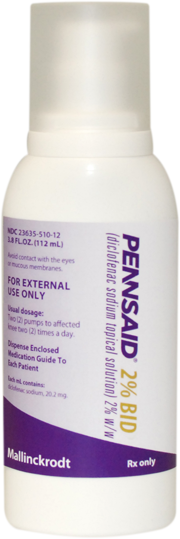 Of a white plastic bottle with a purple label. The label has the brand name Pennsaid written in bold black letters at the top followed by "2% BID" in smaller black letters. Below that there is a description of the product which states that it is for external use only. The bottle has a pump dispenser on the top and a cap on the side. The brand name is "Mallinckrodt" and the product is for prescription use only. The bottle appears to be new and unused.